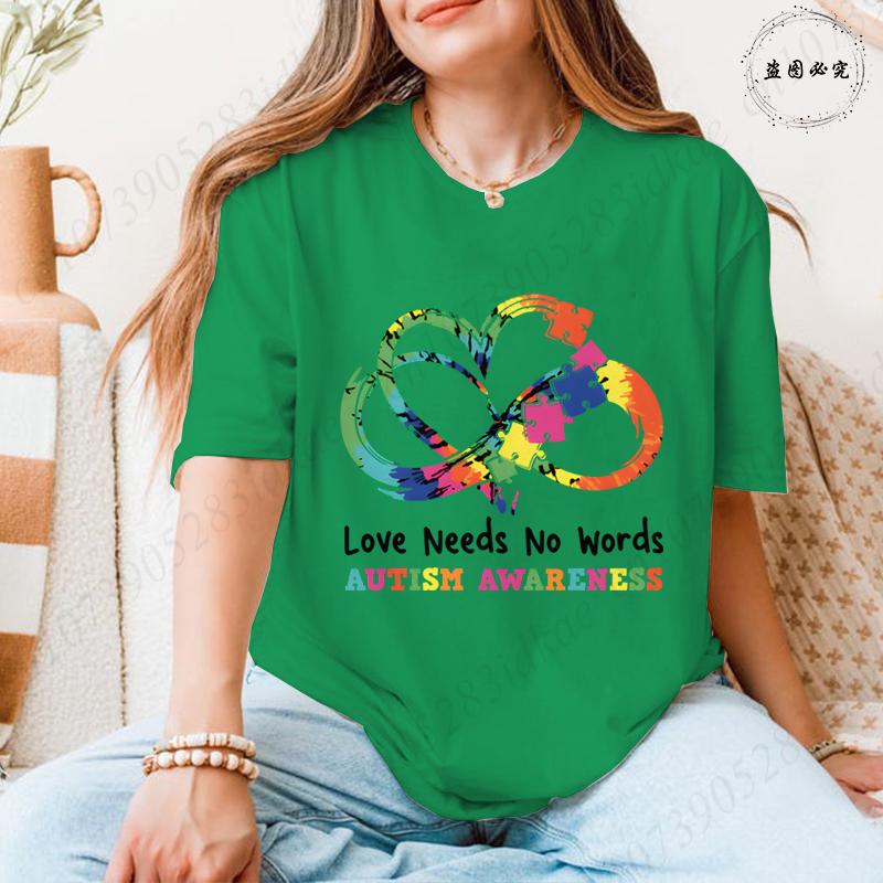Autism Awareness Women Top Love Needs No Words Puzzle Graphic Tshirts O Neck Short Sleeve Summer Oversized FeUnisex Clothes