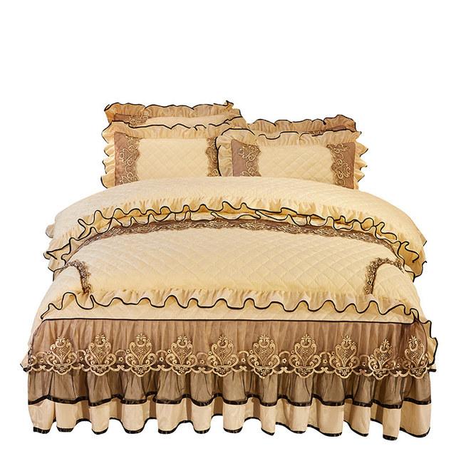 Europe Velvet King Size 4pcs Bedding Set Luxury Comforter Cover Quilted Lace Bedskirt Soft Warm Queen with Two Pillowcases