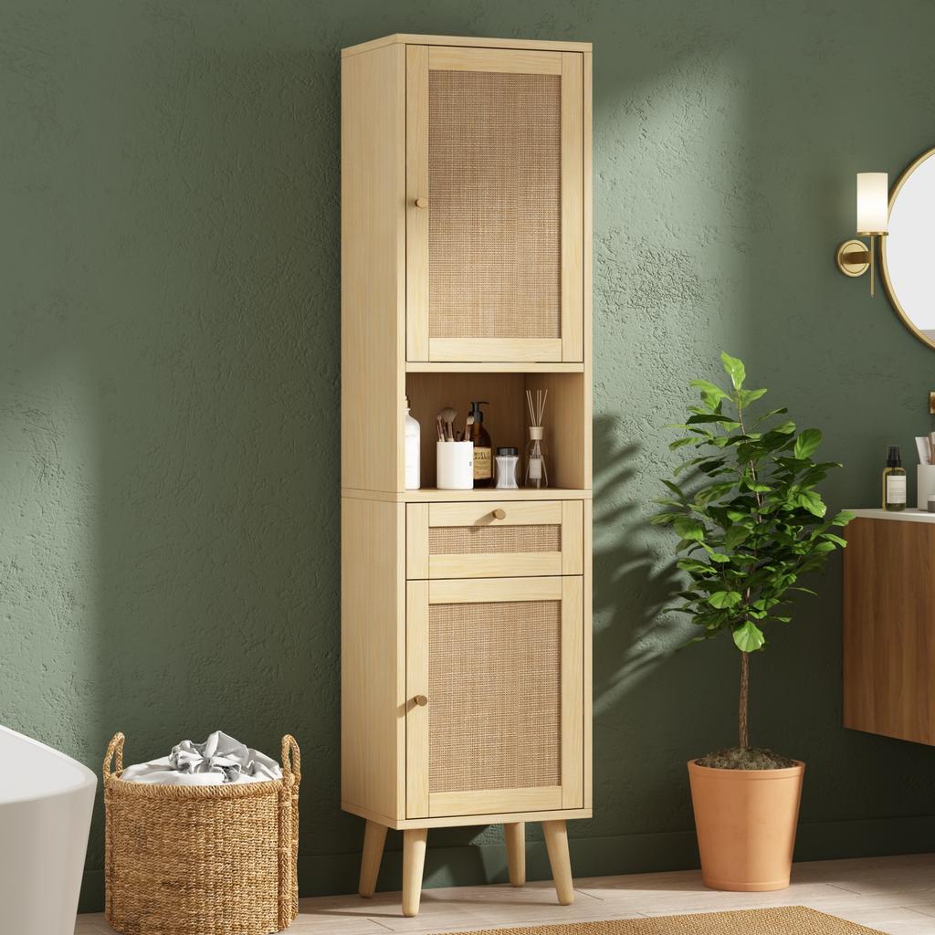 Tall Freestanding Bathroom Cabinet, Rattan Doors, Reversible Left-Right, Drawer, Magnetic Closure, Soft-Close Hinges, 40×30×166 cm, Natural Wood Color