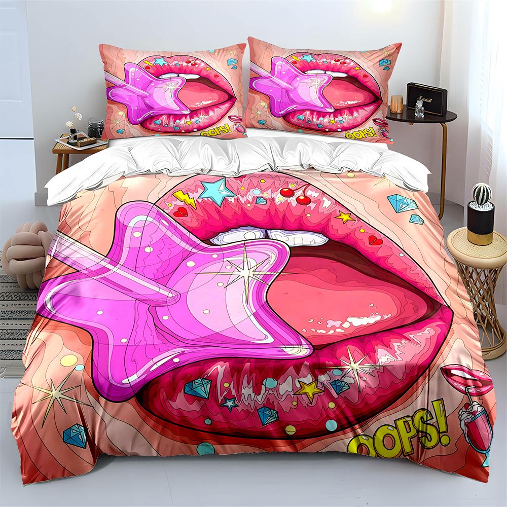 Pink Star Lollipop and Shiny Lips Bedding Set for Kids Luxury Gift 3pcs Digital Print Comforter Set Soft Comfortable Breathable