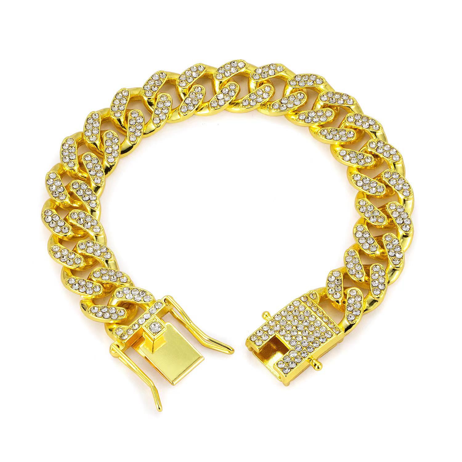 13mm Classic Cuban Chain Bracelet/Necklace: Quality Alloy, Full Diamond, European-American Hip Hop Jewelry for Men & Women золотой 18см