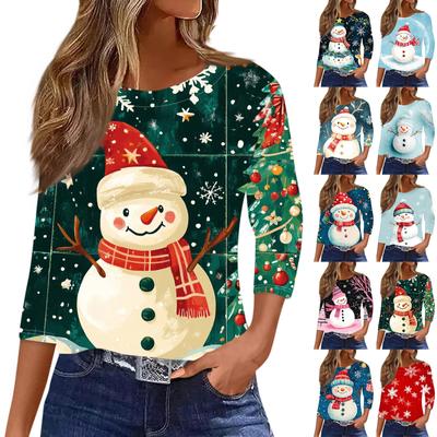 Women's Seven Quarter Sleeve Printed Fashionable Casual Loose Round Neck Shirt For Christmas