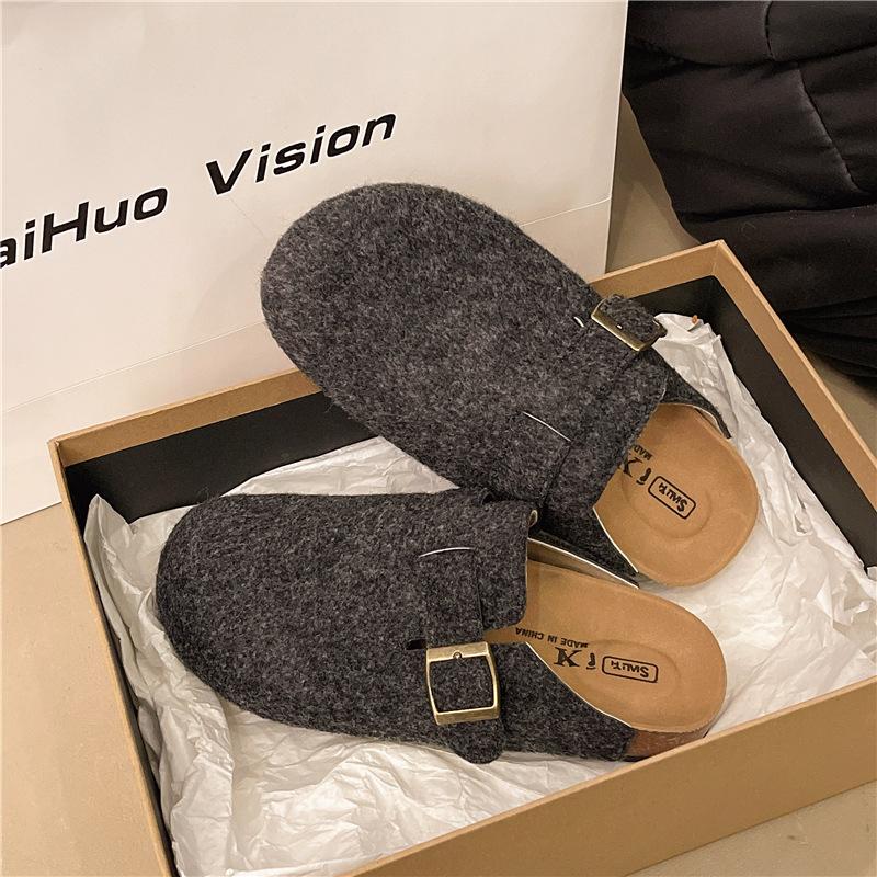 Platform-soled Birkenstock Shoes, Woolen Bag Head, Half Slippers, Women's Outer Wear 2025 Spring and Autumn New Belt Buckle Slippers