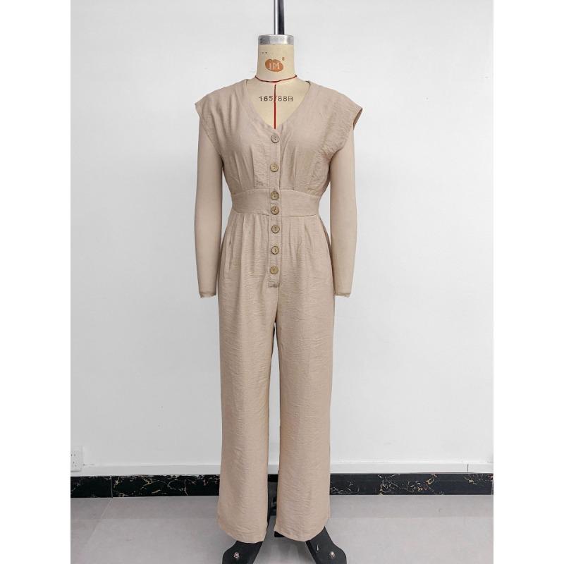 Damen Jumpsuit für Freizeit und Urlaub, einfacher V-Ausschnitt, einfarbig, elastisch, hohe Taille, weites Bein