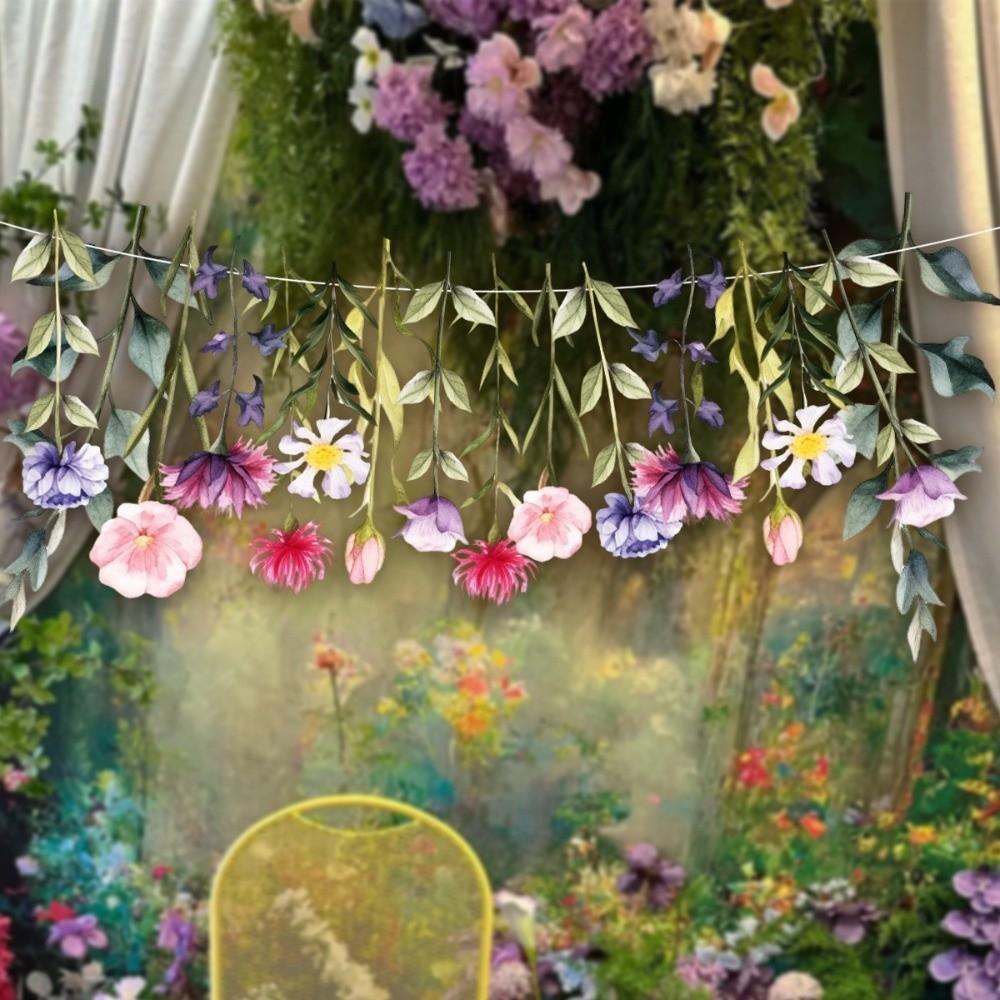 Vintage Long Leaves Flower Banner Hanging Cartoon Floral Leaf Paper Banner Funny DIY Flower Flag Summer Party