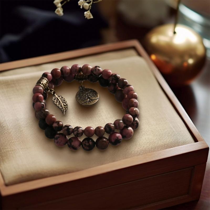 Tree Charm Bracelet Set Agates Bead  Stone Bracelets for Women Man Leaf Pendant Bangles Jewelry Gift