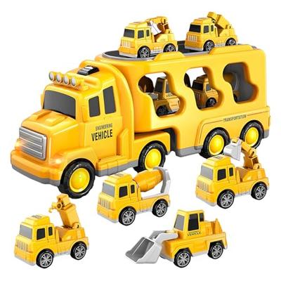 HIWO Car Toys for Boys Ages 2, 3, 4, 5, and 6 [Light and Sound] Educational Toy Set of 5 Large and Small Vehicles (1 Large Truck + 4 Mini Cars) Constr