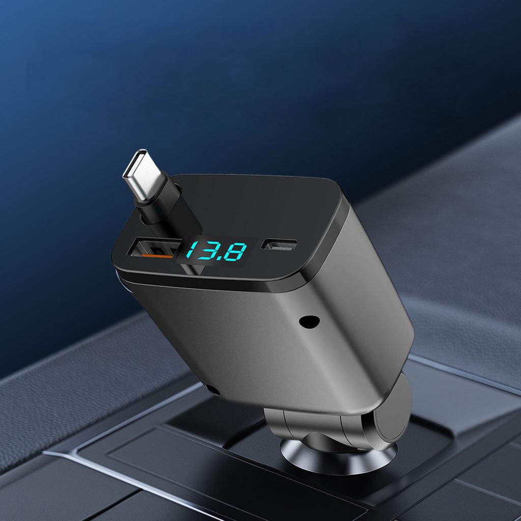 Retractable Car Charger, Fast Car Phone Charge, Type C Retractable Cables And 2 Ports Charger Adapter