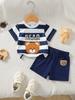 Boys Summer Outfit Striped Bear Pattern Short Sleeve T-shirt And Shorts Set Casual Daily Wear Fashion Children's Set