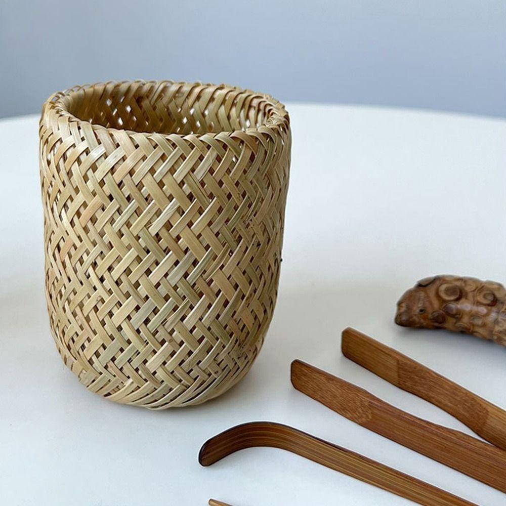 Convenient Bamboo Woven Cup Holder Rack Handmade Retro Paper Cup Dispenser Multipurpose Storage Basket for Bathroom Rinsing Cups