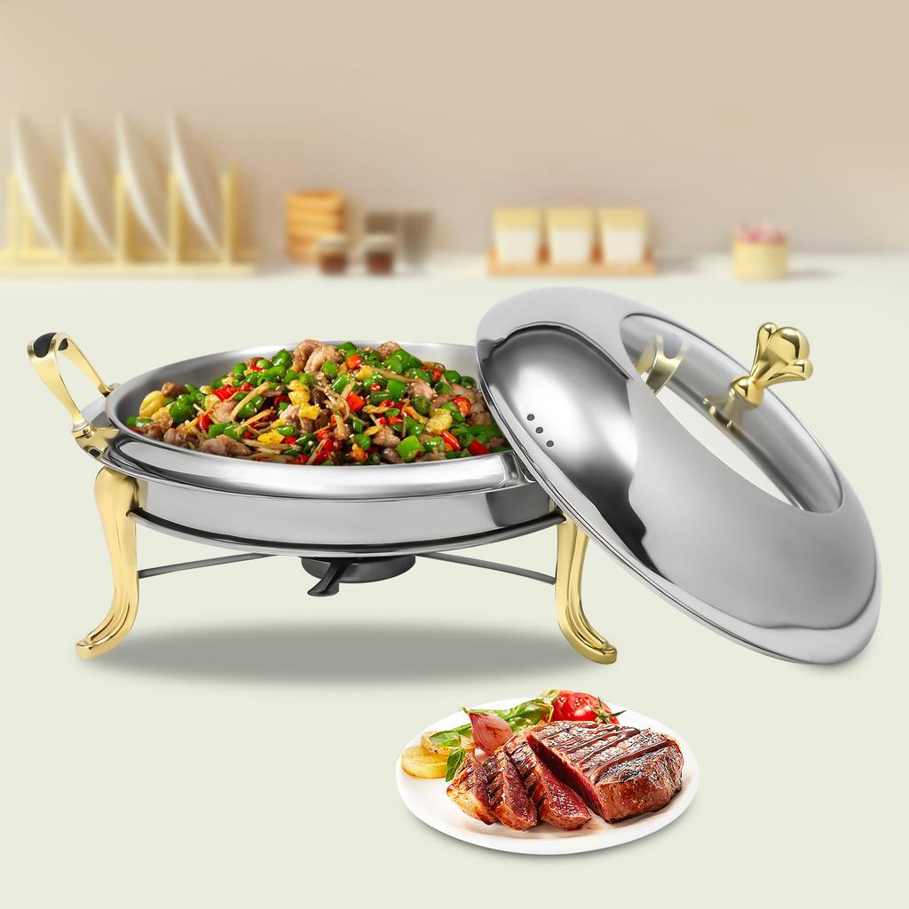 Bymaocar 2.5L Round Stainless Steel Chafing Dish, Golden Dining Stove 26cm, Buffet Warmers with Fuel Holder for Hotels,weddings