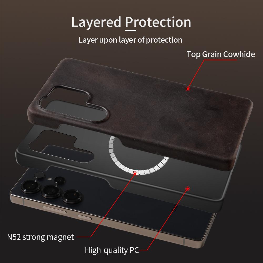 Retro for Magsafe Case for Samsung Galaxy S26 S24 S25 Ultra Plus S26+ Luxury Genuine PULL-UP Leather Magnetic Phone Back Cover