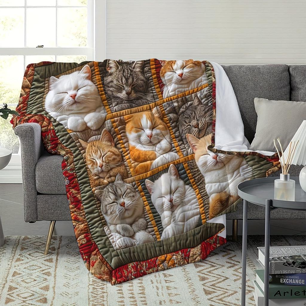 Cute Sleeping Cats Pattern Throw Blanket, Pet - Lovers Home Decor Blanket