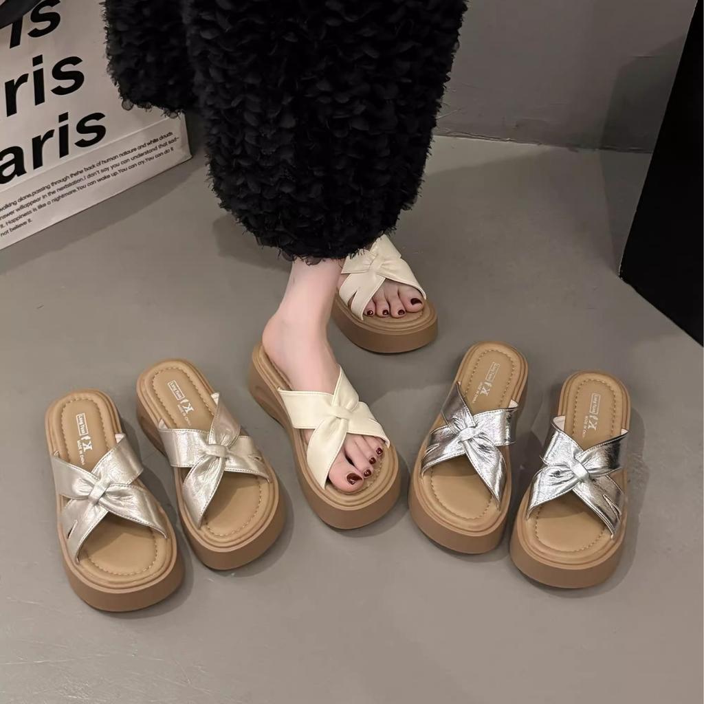 Thick-soled heightening silver cool slippers women's summer wear new high-end Boken one-word sandals