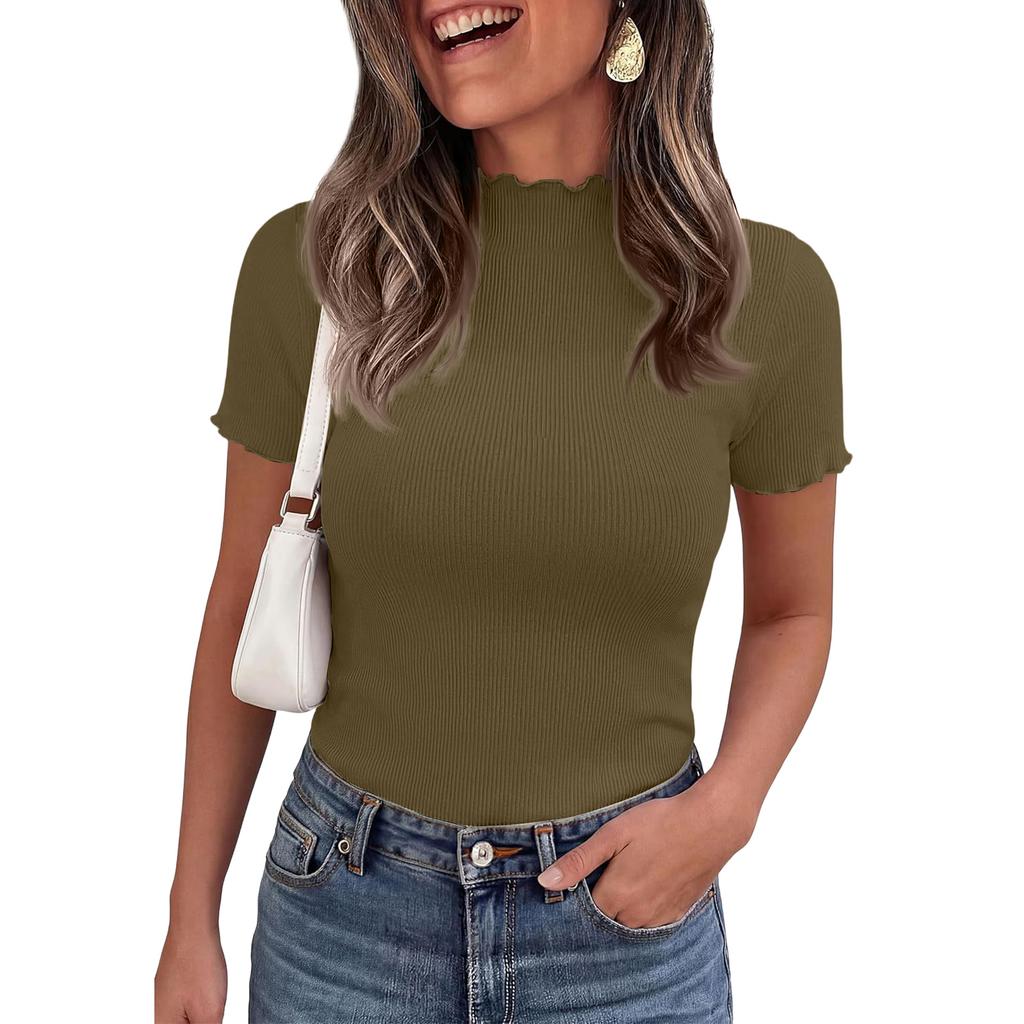 Ribbed Knit Short Sleeve Blouses for Women Casual Mock Neck Women's Short Sleeve Tops Stretchy Slim Fit Womens Short Sleeve Blouses Pullover Style