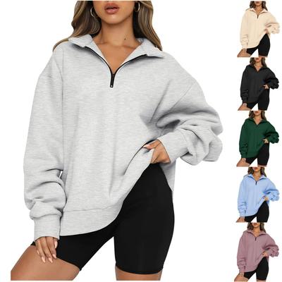 Damen Casual Hoodie Langarm Pullover Einfarbig Reißverschluss Sweatshirt Übergroßes Oberteil