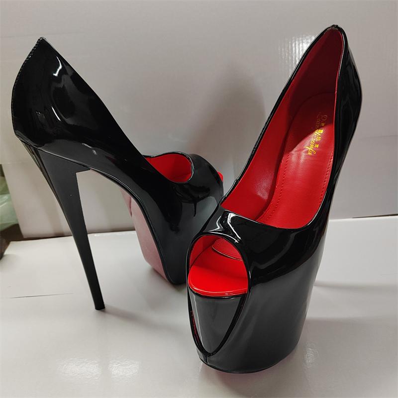 Pantofi cu toc super înalt cu platformă de 19 cm Sexy peep toe lăcuiți negri roșii pentru femei cu toc pentru birou petrecere fetiș nuntă mărime mare 50