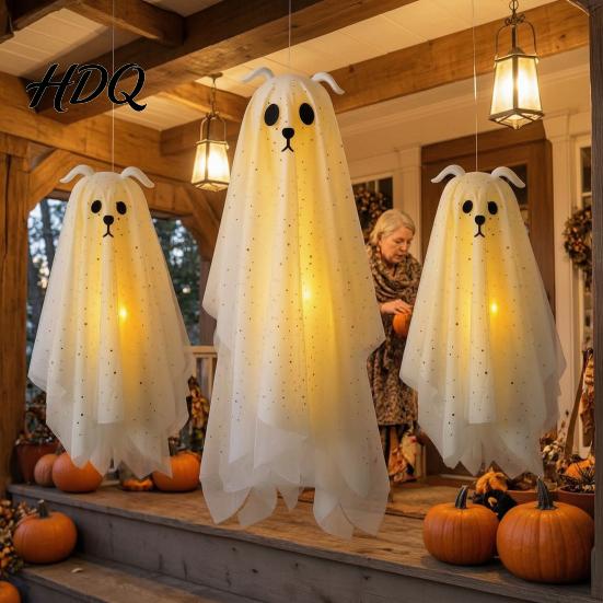 Glowing Ghost for Front Door 3 Pcs Lighted Dog Hanging Ornaments Spooky Halloween Outdoor Flying Decorations Gauze with LED Light Tree Porch