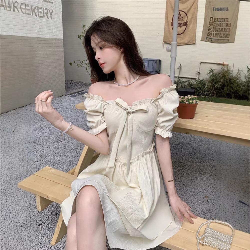 Summer Bubble Sleeve Square Neck Dress Women's New Gentle Wind Lace-up Edge Waist Short Sleeve A-Word Women's Short Skirt