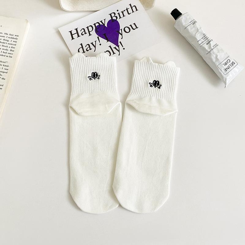 Female Spring and Summer Cartoon Embroidered Heel Small Ear Breathable Mesh Tube Cotton Socks