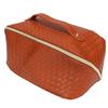 Makeup Storage Bag PU Leather Woven Pattern Zipper Closure Cosmetic Organize Pouch for Travel Brown