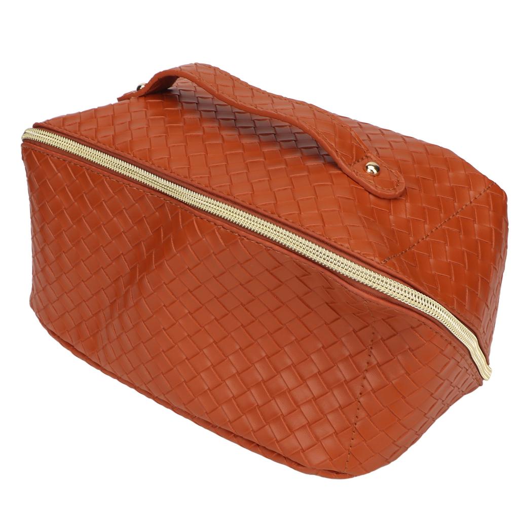 Makeup Storage Bag PU Leather Woven Pattern Zipper Closure Cosmetic Organize Pouch for Travel Brown