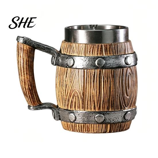 Food Grade Beer Mug Wood Barrel Mug, 600ml Stainless Steel Liner Stein, Durable Stein Rustic Tankard for Pub Home Bar Party Gift Vintage Style