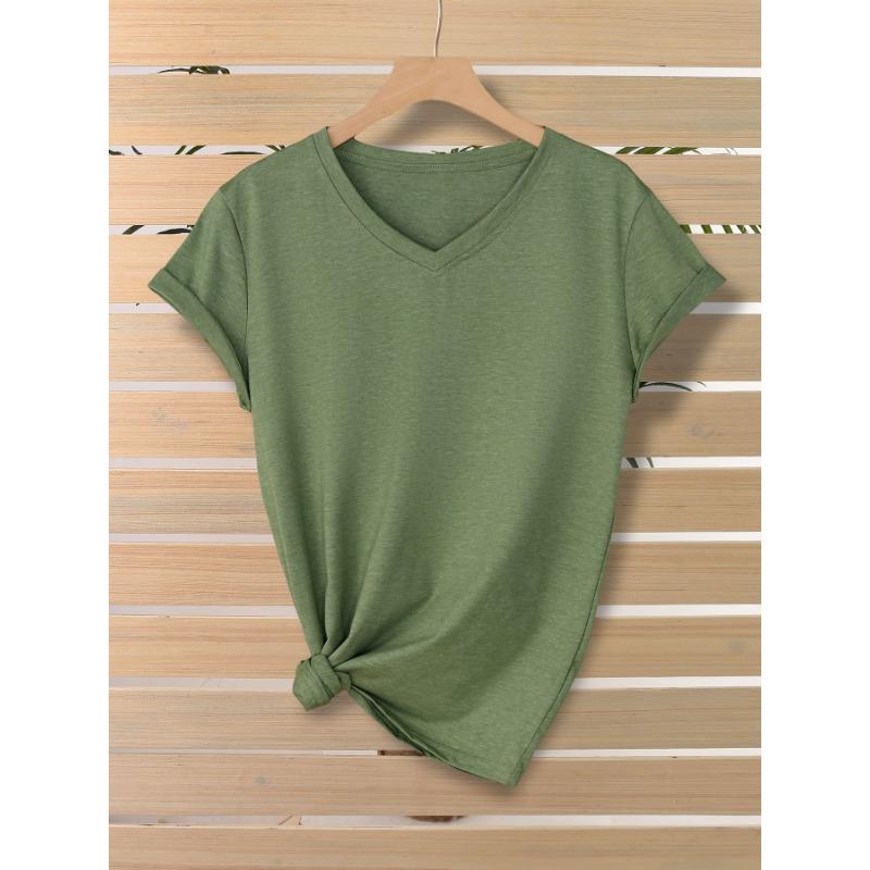 Fashionable Simple Versatile Pure-colored V-neck Short-sleeved Women's T-shirts