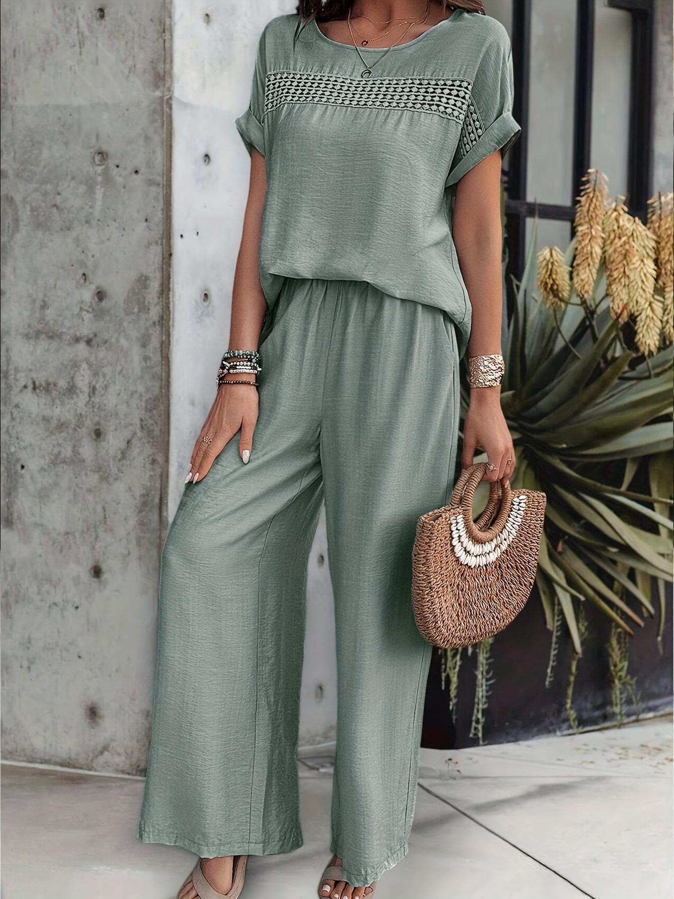 

Summer European & American Style Round Neck Loose Casual Patchwork Lace Trim Set M