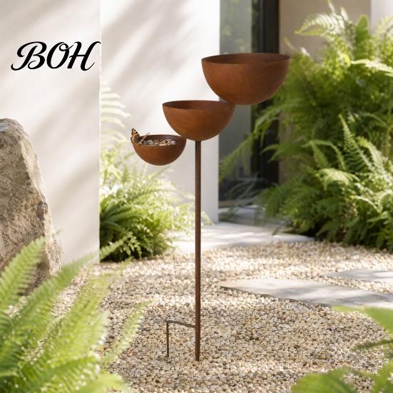 Rustic Iron Garden Decor 3 Tiered Cascading Rain Catcher Bird Bath, Metal Stake Water Three-level Waterfall Feeder Bowl Feeder, Outdoor Pollinator