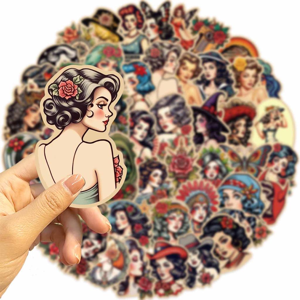 50 Retro Tattoo Girls Doodle Stickers Guitar Laptop Suitcase DIY Waterproof Stickers