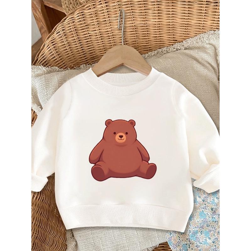 Kids Sweatshirt ,Cute Brown Bear Print Pattern, Comfortable Spring Crew Neck Sweatshirt Suitable for Outdoor Wear 110 белый