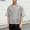Summer Men Lapel Short Sleeve Mesh Sheer See Through Casual Loose Shirts Tops