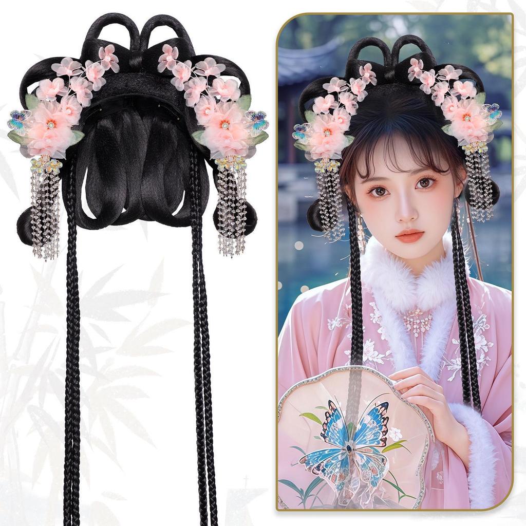 Herbst/Winter Hanfu Perücke und Pompon Stirnband Haaraccessoires Set