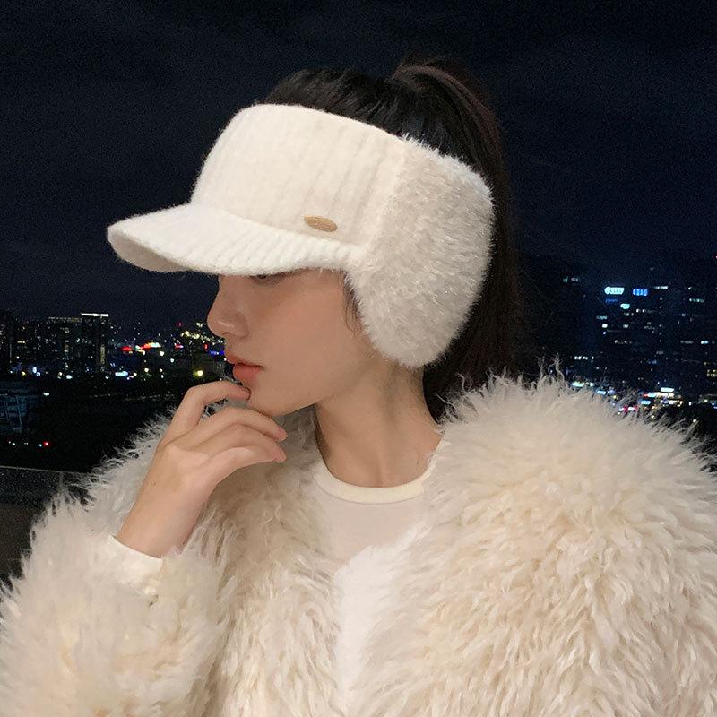 Can tie a ponytail to keep warm, thickened outdoor running, no top cap, empty top wool hat, women's autumn and winter plain and versatile