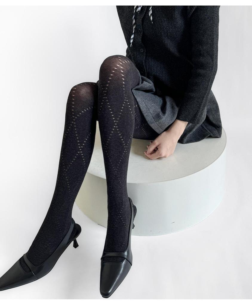 Women's Slimming Retro Diamond Jacquard Cotton Tights - Korean Style Hollow Out for Autumn/Winter