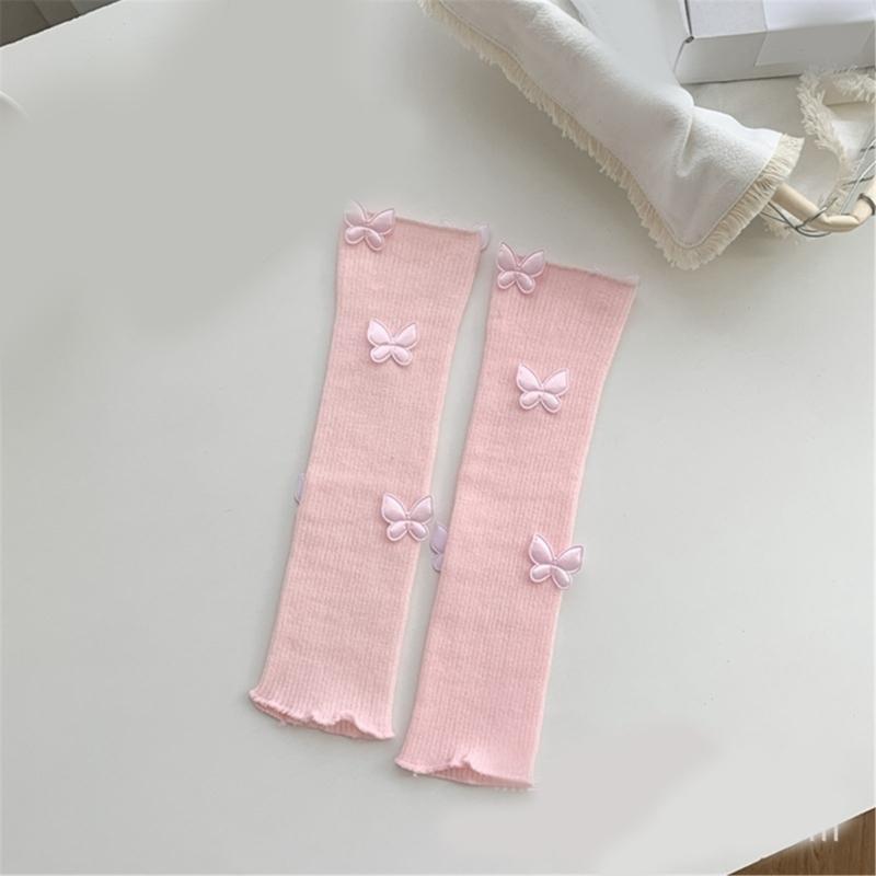 Womens Girls Ballet Style Ribbed Knit Stretch Leg Warmer Japanese Aesthetic Sweet 3D Butterfly Leg Cover Footless Socks