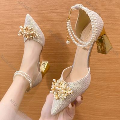 Shoes Women High Heels Women Wedding Shoes Bride Shoe Ladies Pumps Sandals Pearl Ankle Buckle Elegant Dress Women Heeled Shoes