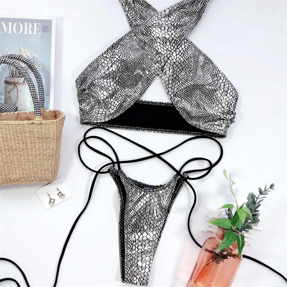 

Блестящие стринги-бикини с лямкой на шее, женские купальники, женский купальник, комплект бикини с запахом, купальный костюм L серебряный