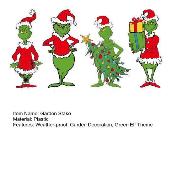 4Pcs/Set Christmas Green Elf Garden Stake Decoration Weather-proof Indoor Outdoor Yard Lawn Patio Pathway Green-haired Elf Sign Stake Ornament