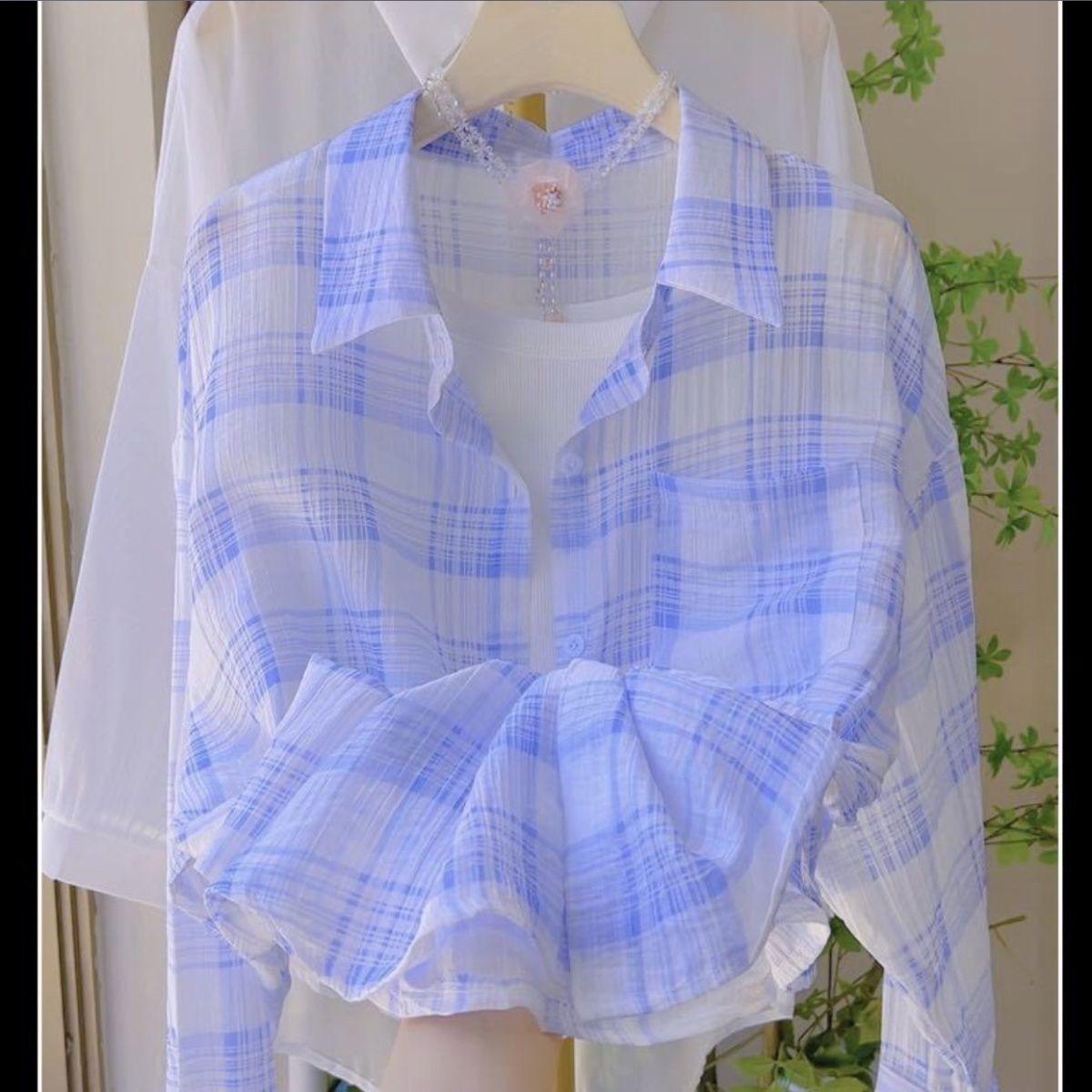 

WTEMPO Women Plaid Button Down Shirt Long Sleeve Lightweight Sheer Cropped Blouse Casual Loose Sun Protection Shirt for Summer S