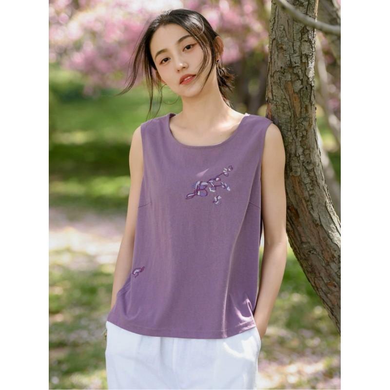 Women's Summer Chinese Style Embroidery Bottom Top Literary Sleeveless Comfortable Top