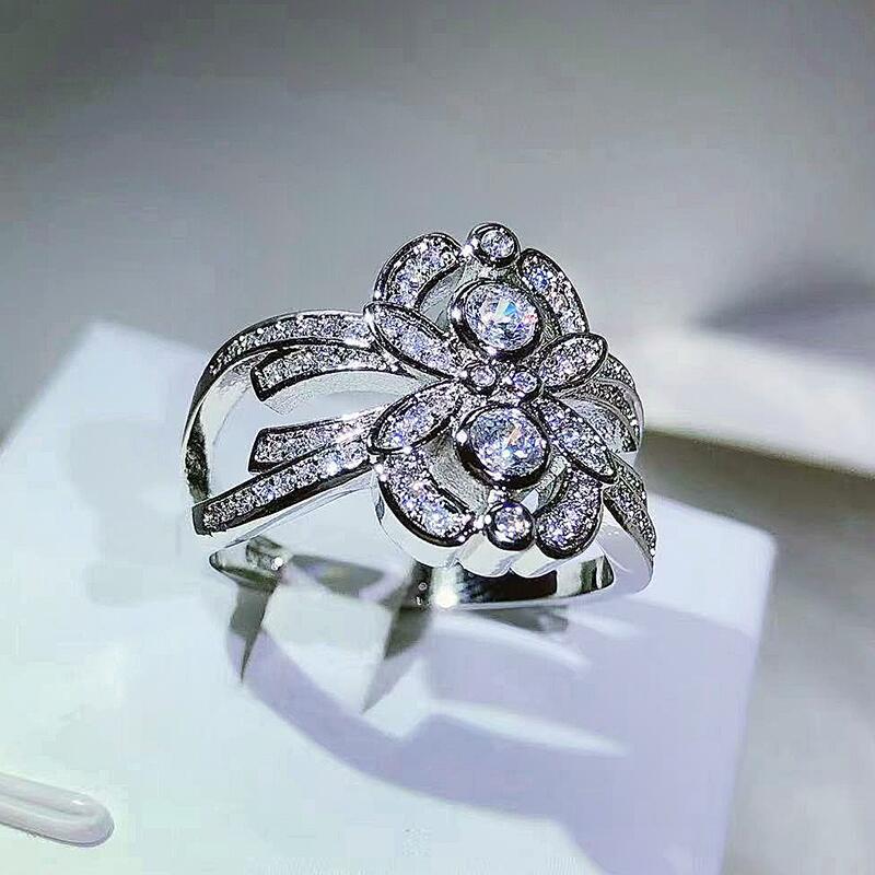 Fashionable European and American Style Jewelry Retro Flower Zircon Ring Exquisite Flower Round Diamond Women's Ring