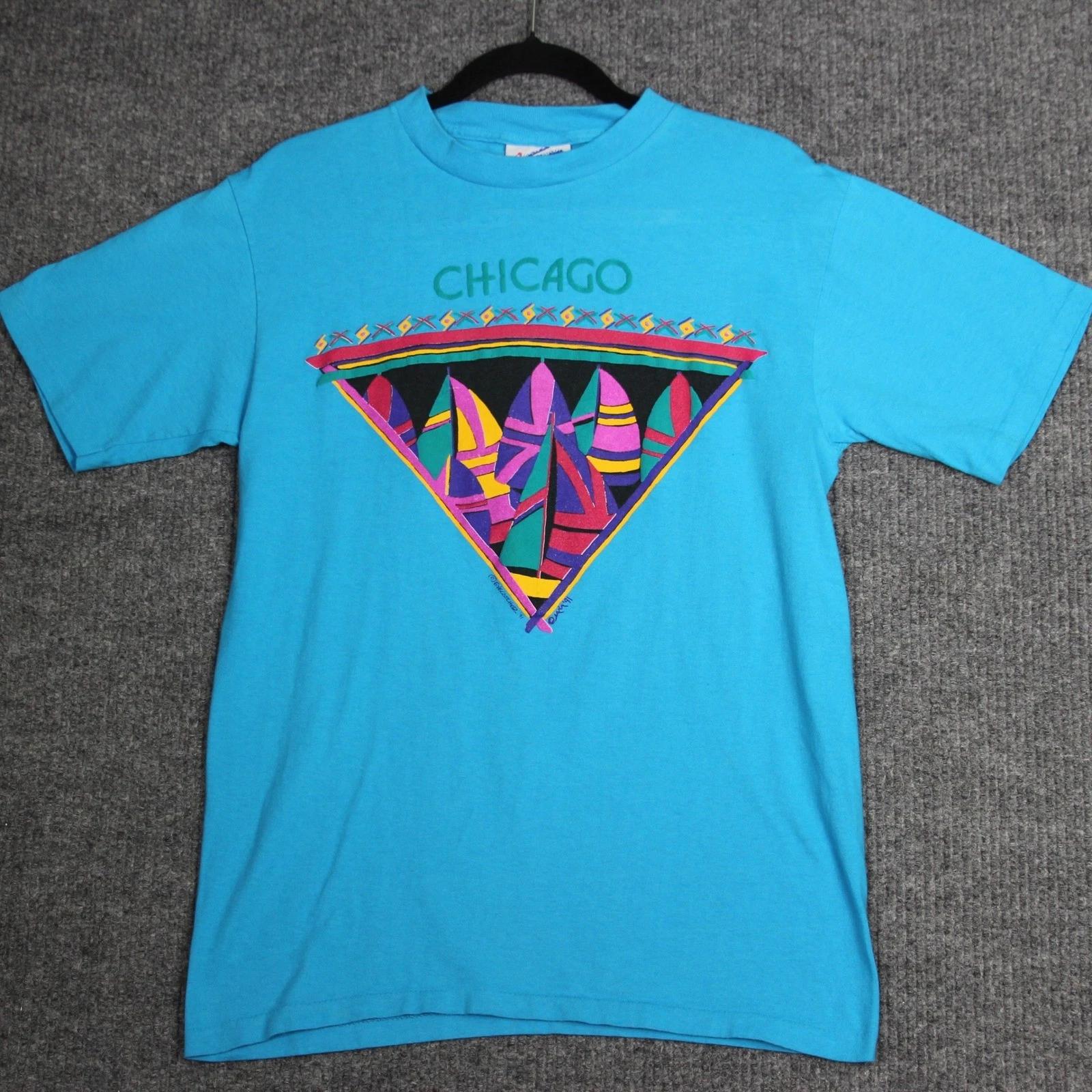 

Vintage 90s Chicago T Shirt Eyecatcher Sportswear Medium Teal Sailboat Graphic 2XL