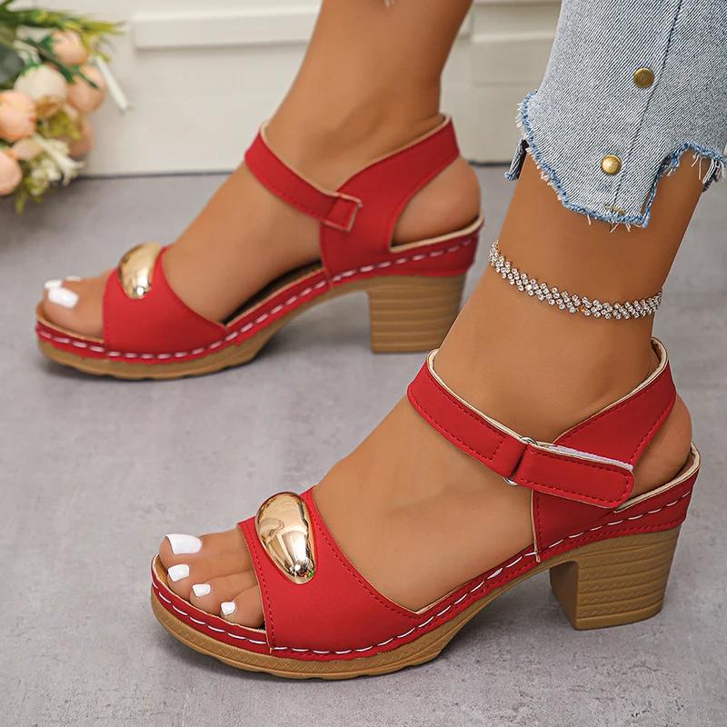 Metal Decor Women's Chunky Heel Sandals Summer 2025 Fashion Outdoor Beach Shoes Woman Lightweight High Heeled Casual Sandalias