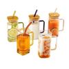 400ML Wide Mouth Mason Jar Drinking Glasses with Bamboo Lids & Straws And Square Color Handle Cup Beer Iced Coffee