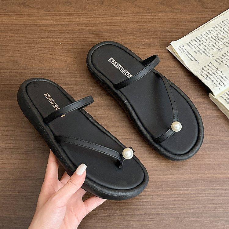 

[Youshilai] thick-soled silver toe sandals 2025 new Korean version of pearl fairy wind beach slippers 35