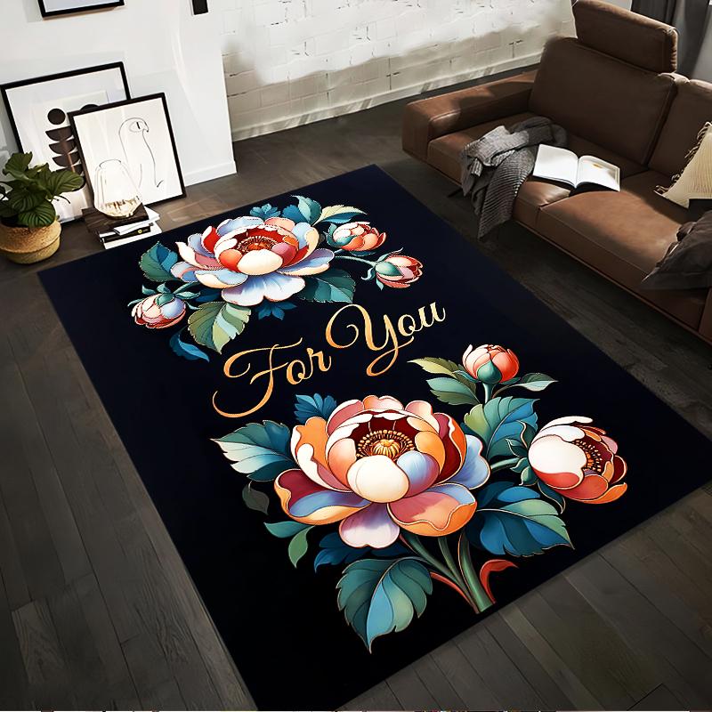 Elegant Floral Carpet with "For You" Text and Vibrant Peony Design Suitable for Use As an Anti-slip for Living Room Bedroom Sofas