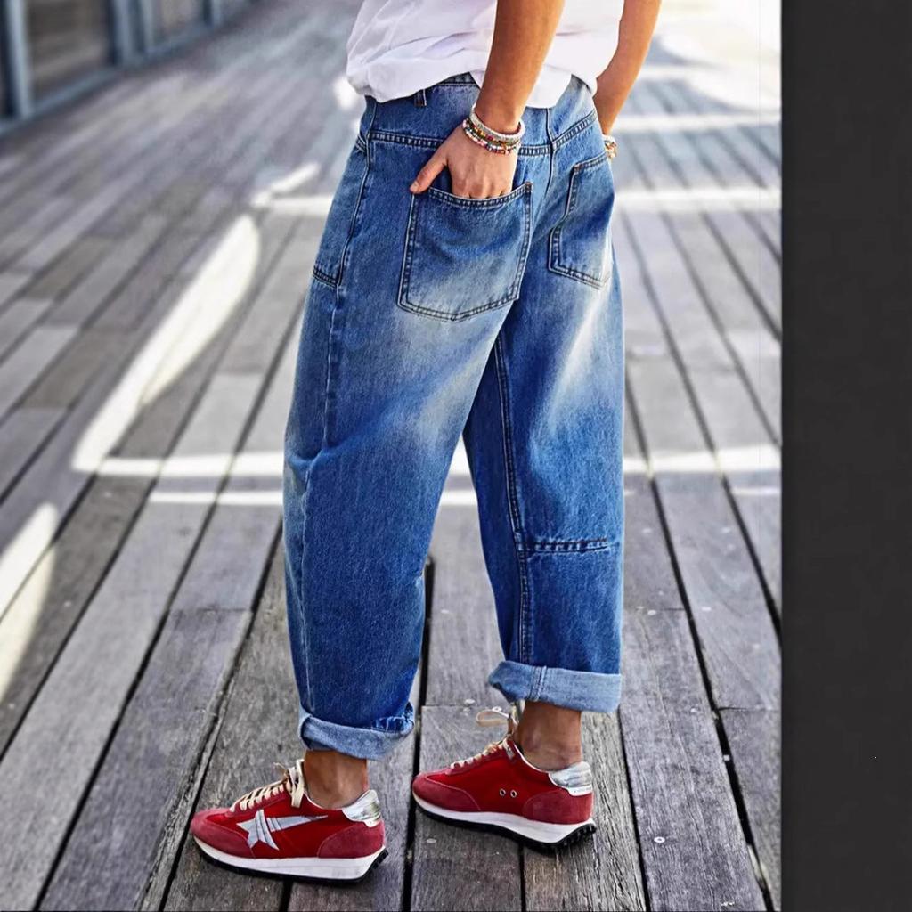 Jeans da donna con orli arrotolati, tasche cucite, vita media, gamba a botte, jeans cropped da donna