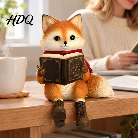 Artistic Resin Cat Sculpture Reading Owl/Fox Figurine with Dangling Legs Shelf Sitter Statue Open Book Glasses Red Scarf and Boots Rustic